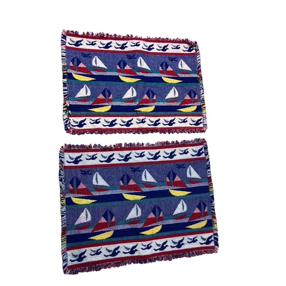 Vintage Woven Sailboat Placemats Set of 2 Unisex OS Multicolor‎ Excellent Fringe